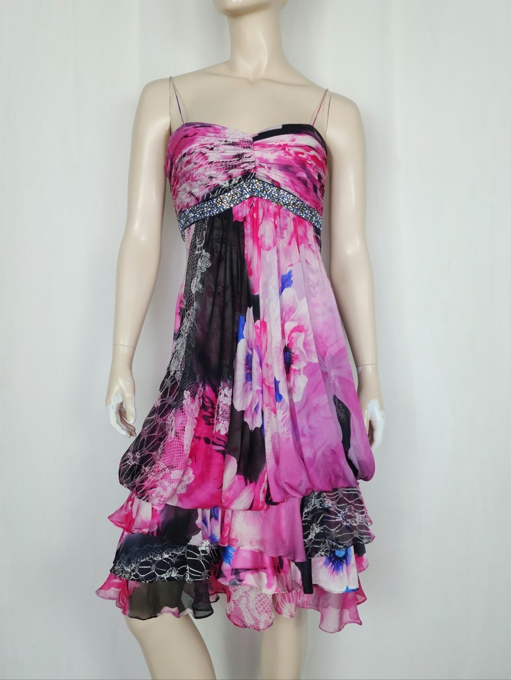 Y2k Alberto Makali silk draped bubble hem tiered dress M 12
